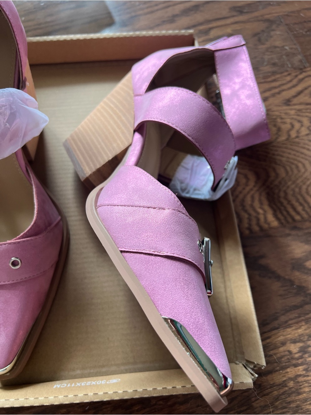 Women's Pink Buckle Low Block Heel Sandals - Picture 3 of 4